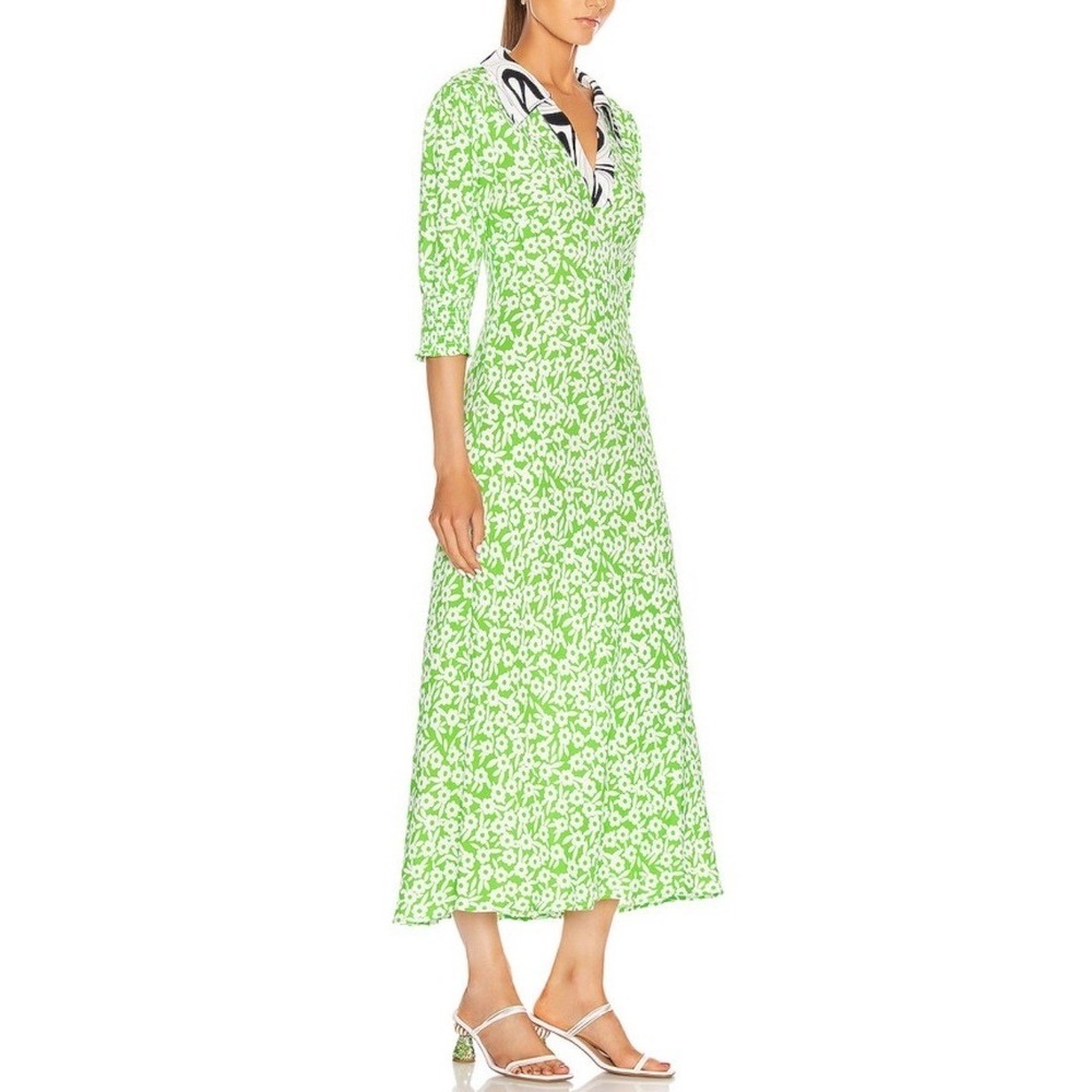 RIXO London Mia Dress Green Retro Micro Floral Swirl Size 2‎ Shirt Dress
